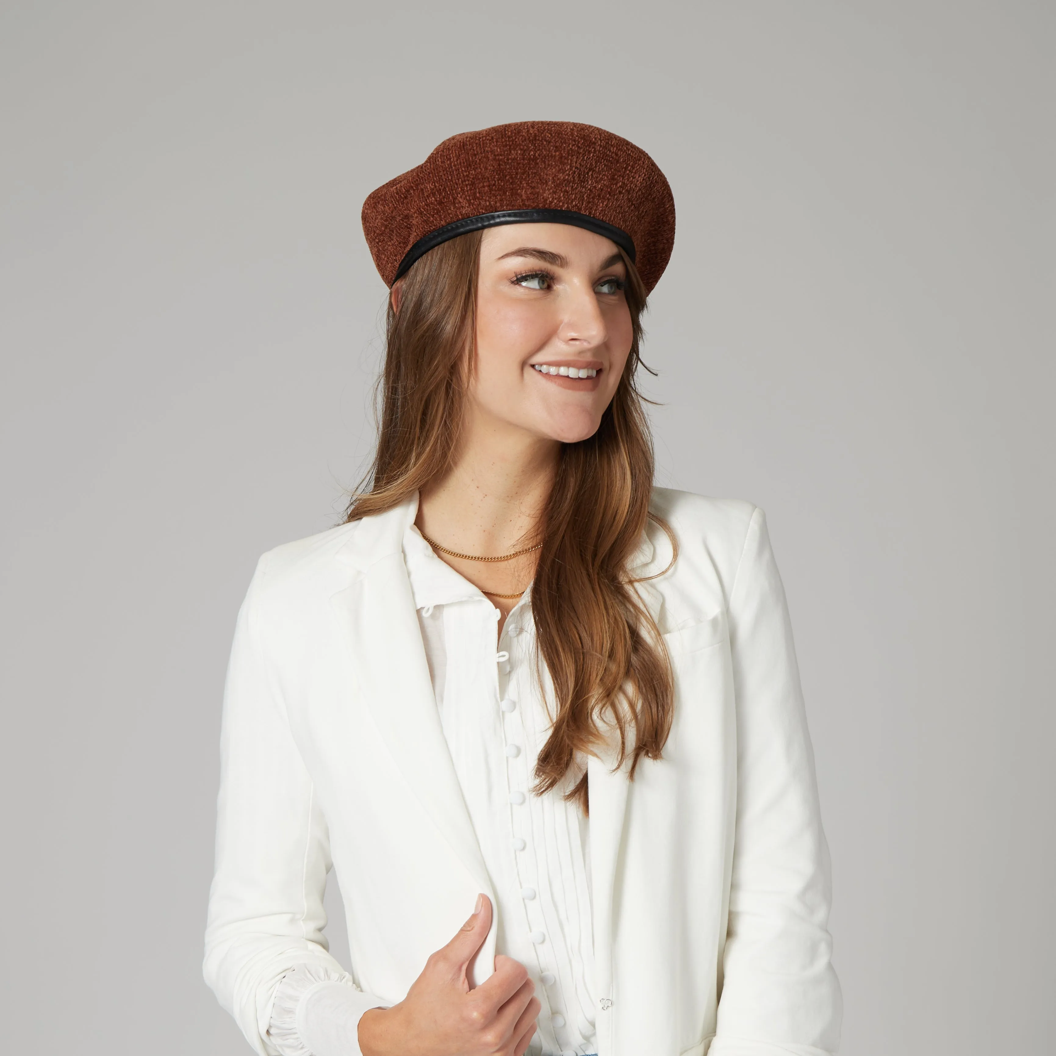 Women's Chenille Beret w/Faux Leather Band