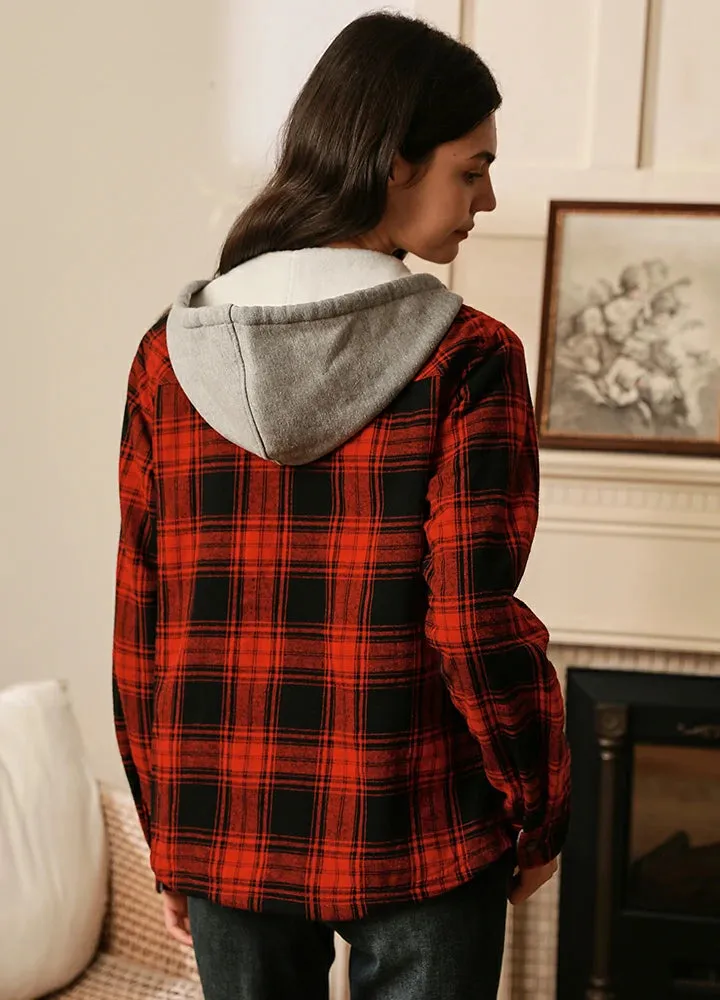 Women's Fleece Lined Flannel Shirt,Button Down Plaid Hooded Jacket