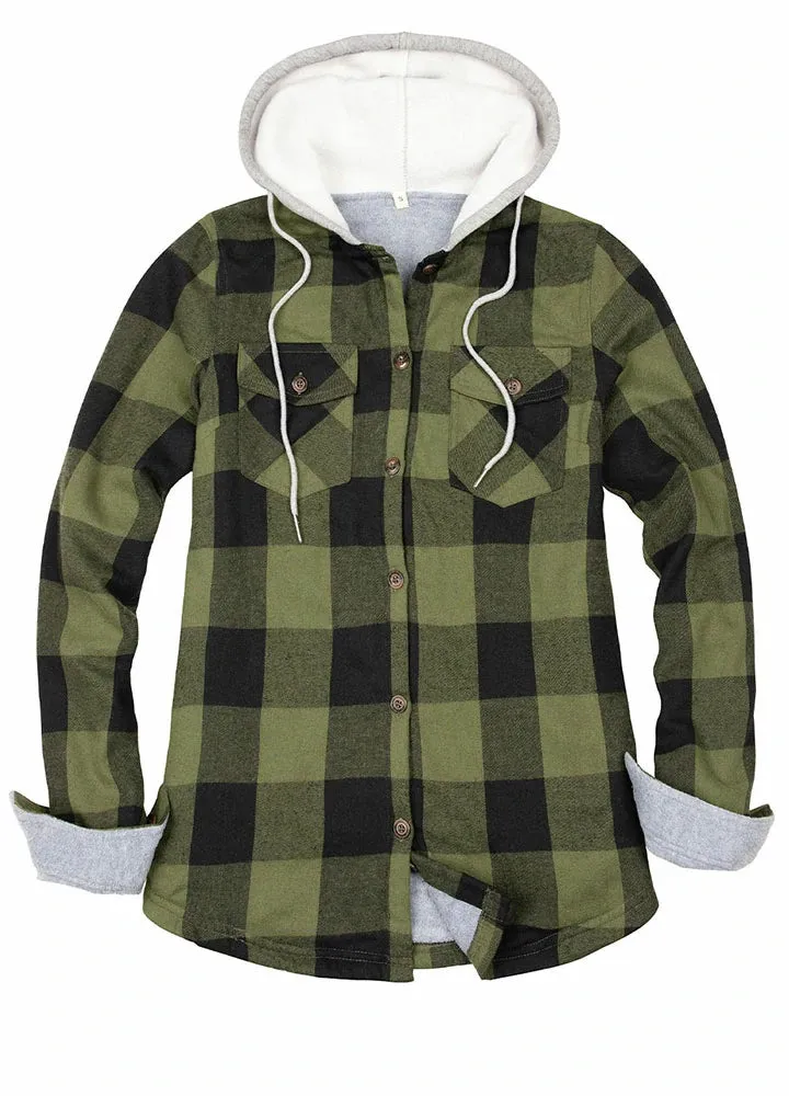 Women's Fleece Lined Flannel Shirt,Button Down Plaid Hooded Jacket