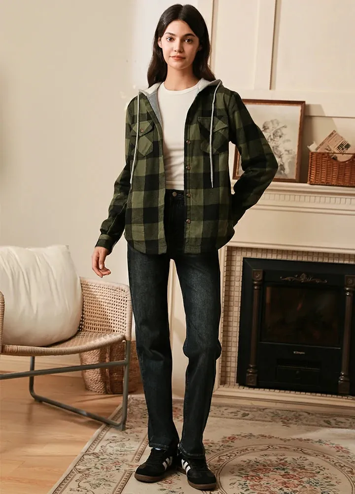 Women's Fleece Lined Flannel Shirt,Button Down Plaid Hooded Jacket