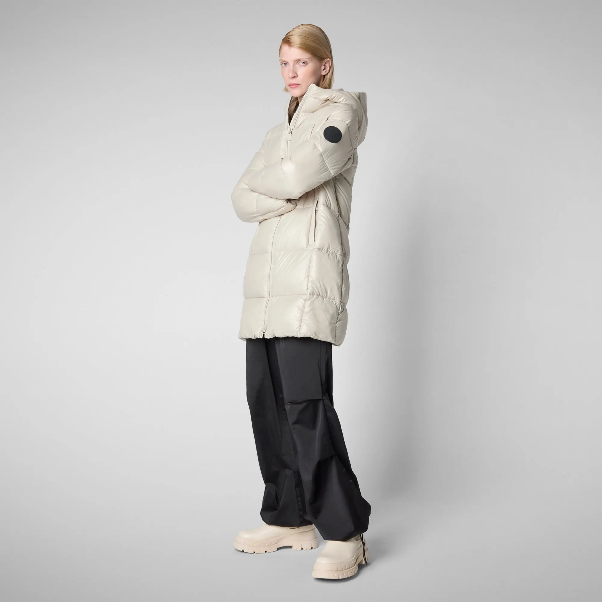 Women's Hooded Animal free Puffer Jacket Ines in Rainy Beige