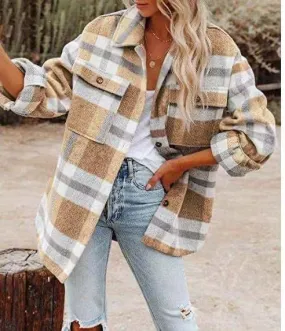 Women's Long Sleeve Plaid Wool Coat