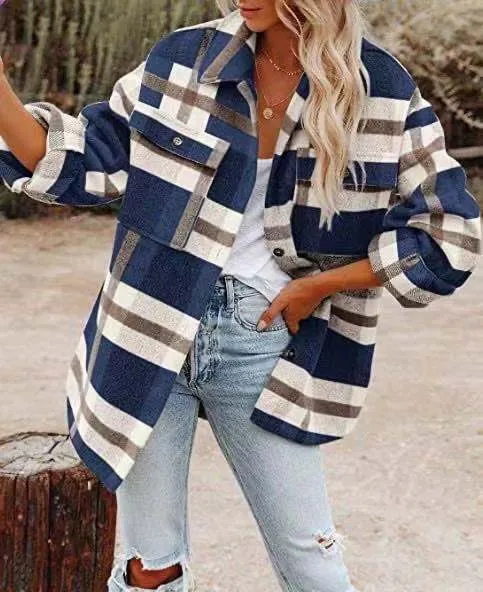 Women's Long Sleeve Plaid Wool Coat