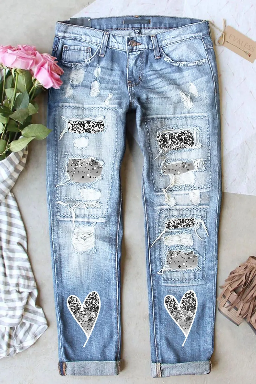 Women's Ombre Patch Jeans Ripped Destroyed Denim Pants