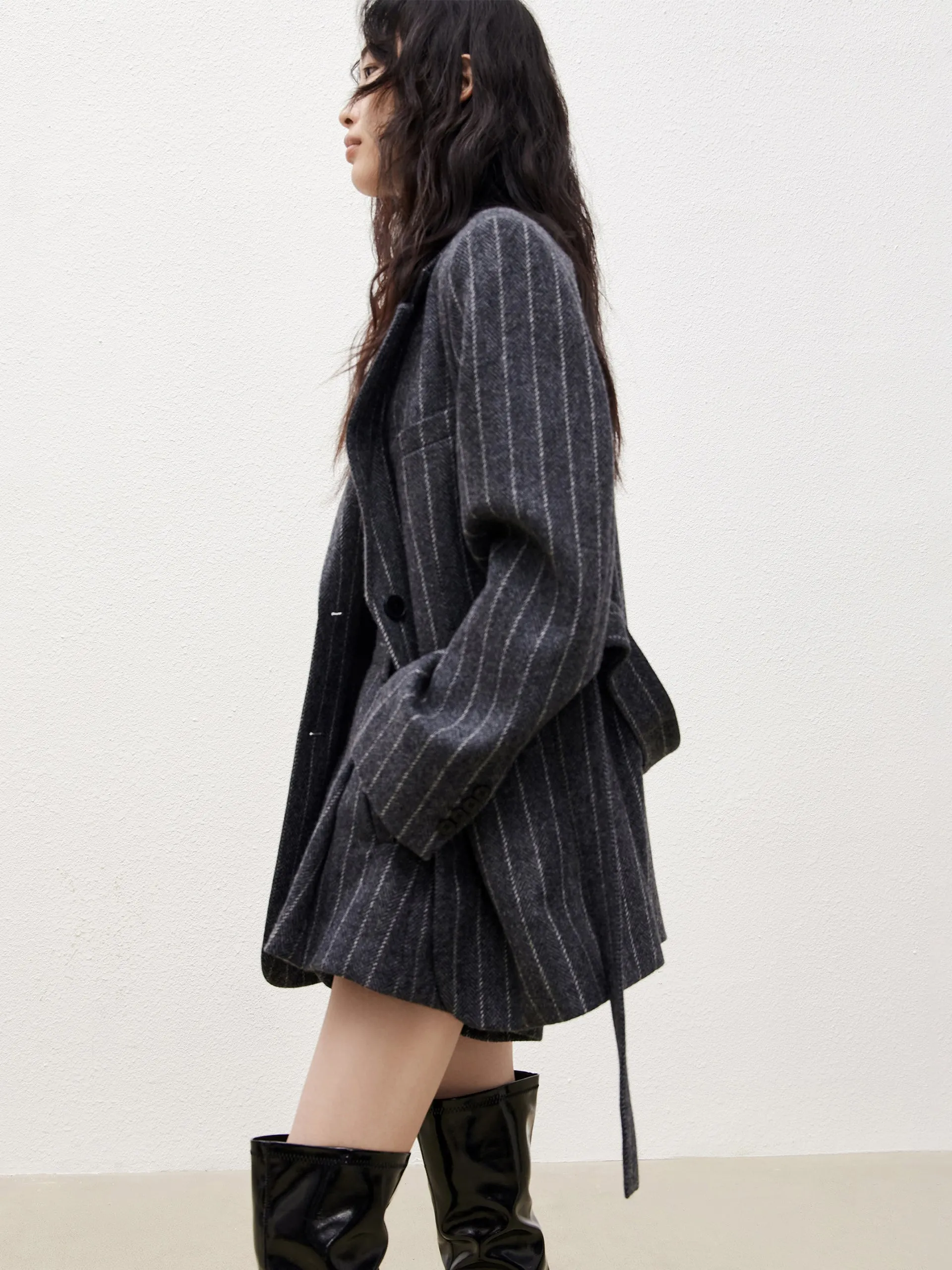 Wool Blazer Style Coat with Belt