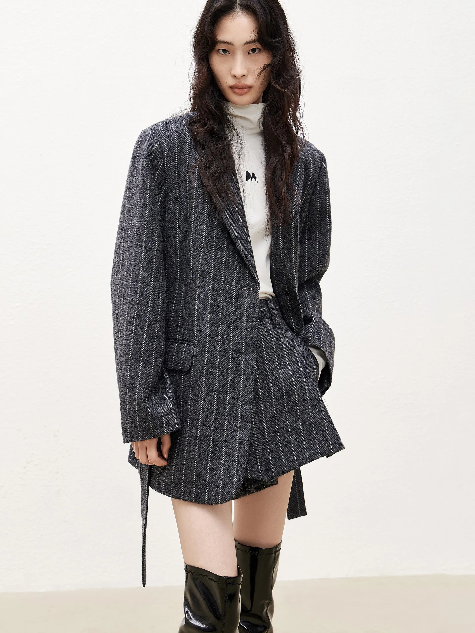 Wool Blazer Style Coat with Belt