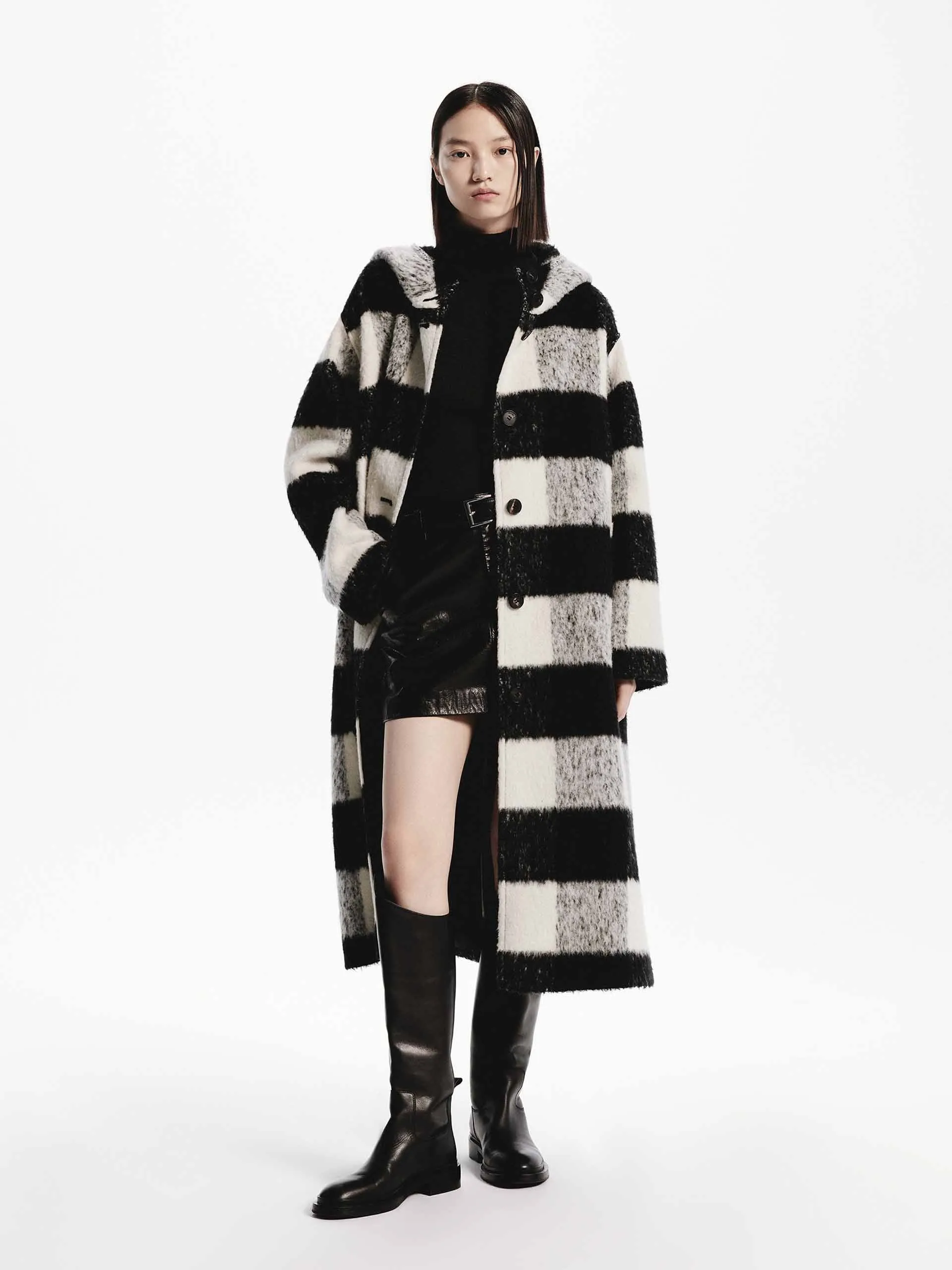 Wool Blend Plaid Long Coat