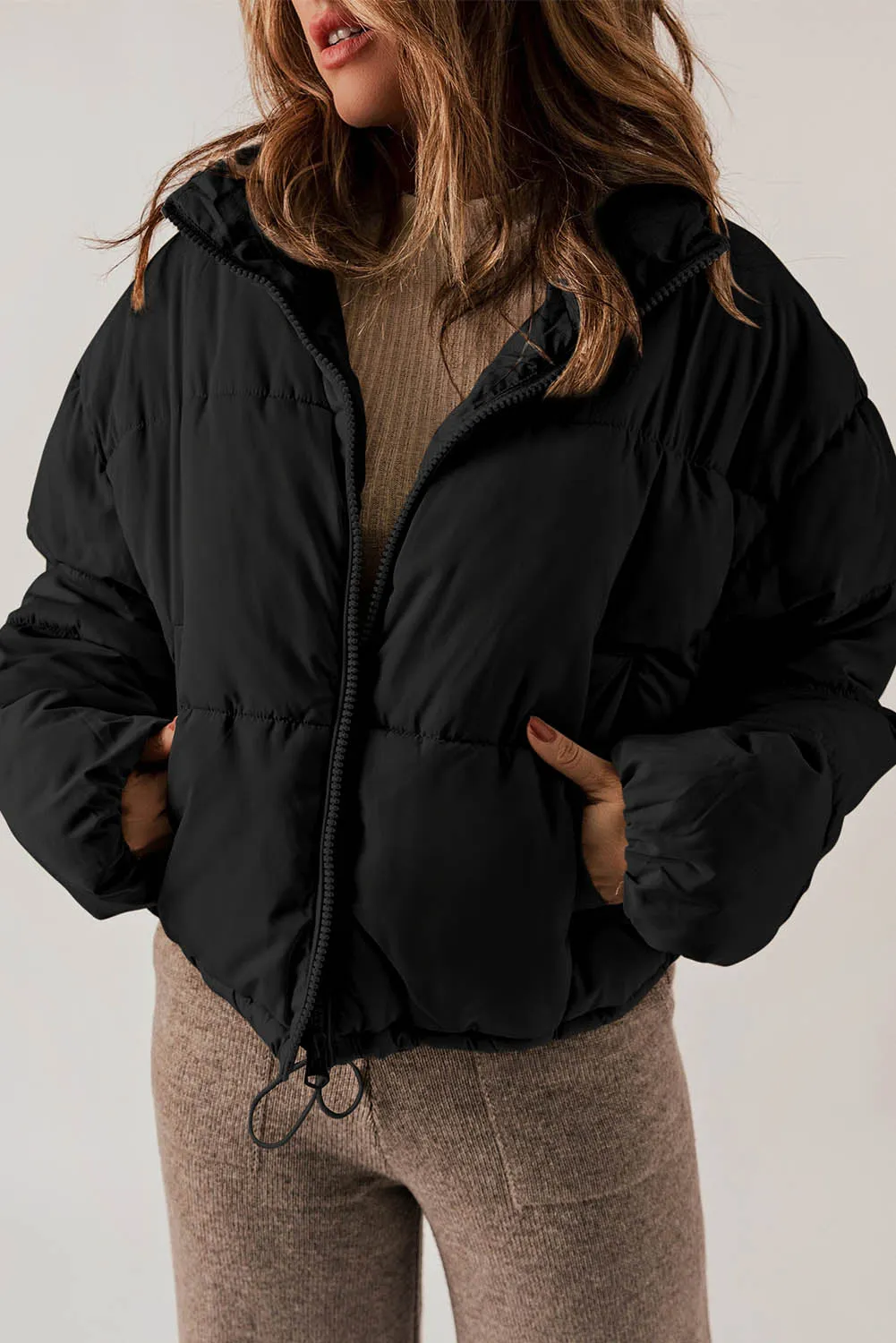 Zip Up Drawstring Puffer Coat